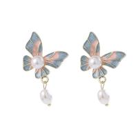 Zinc Alloy Drop Earring with Plastic Pearl Butterfly gold color plated for woman & enamel Sold By Pair