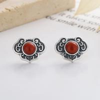 925 Sterling Silver Stud Earrings, with Yunnan Red Agate, Antique finish, fashion jewelry & for woman, nickel, lead & cadmium free, 11mm, Sold By Pair