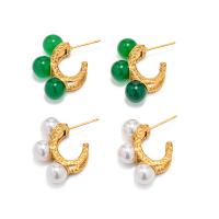 Stainless Steel Stud Earrings, 304 Stainless Steel, with Green Agate & Plastic Pearl, 18K gold plated, fashion jewelry & different materials for choice & for woman, golden, Sold By Pair
