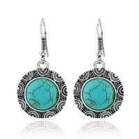 Tibetan Style Drop Earrings, with turquoise, Round, silver color plated, fashion jewelry & for woman, blue, 17x37mm, Sold By Pair