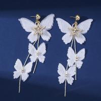 Zinc Alloy Drop Earrings with Cloth Butterfly gold color plated fashion jewelry & micro pave cubic zirconia & for woman white Sold By Pair
