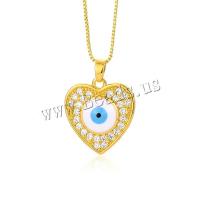 Collier Evil Eye bijoux, laiton, avec 5CM chaînes de rallonge, coeur, Plaqué d'or, pavé de micro zircon & pour femme, plus de couleurs à choisir, 18x24mm, Longueur:Environ 43 cm, Vendu par fixé