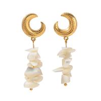 Stainless Steel Drop Earring, 304 Stainless Steel, with Shell, 18K gold plated, fashion jewelry & for woman, golden, 48.80x16mm, Sold By Pair