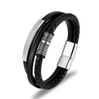 Bracelets cordon PU, cuir PU, avec acier inoxydable 316L, trois couches & pour homme, noire, Longueur:21.5 cm, Vendu par PC