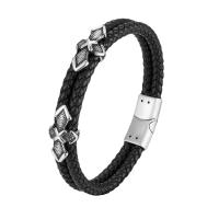 PU Leather Cord Bracelets, with 316L Stainless Steel, for man, black, Length:21.5 cm, Sold By PC