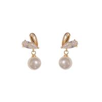Cubic Zirconia Micro Pave Brass Earring with Plastic Pearl Heart gold color plated fashion jewelry & micro pave cubic zirconia & for woman white Approx 4mm Sold By Pair