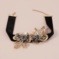 Velveteen Choker Necklace with Resin & Zinc Alloy Flower plated for woman & with rhinestone & hollow Length Approx 13.58-16.14 Inch Sold By PC