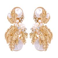 Tibetan Style Drop Earring, with Plastic Pearl, Leaf, gold color plated, for woman & with rhinestone, 28x54mm, Sold By Pair