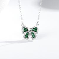 Cubic Zircon Micro Pave 925 Sterling Silver Necklace, with Malachite, with 1.97inch extender chain, Bowknot, fashion jewelry & micro pave cubic zirconia & for woman, nickel, lead & cadmium free, 8x11mm, Length:Approx 15.74 Inch, Sold By PC