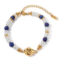 Stainless Steel Jewelry Bracelet 304 Stainless Steel with Lapis Lazuli & Glass Pearl with 2.17inch extender chain 18K gold plated fashion jewelry & for woman golden Sold Per Approx 7.09 Inch Strand