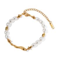 Stainless Steel Jewelry Bracelet 304 Stainless Steel with Glass Pearl with 2.17inch extender chain 18K gold plated fashion jewelry & for woman golden Sold Per Approx 6.3 Inch Strand