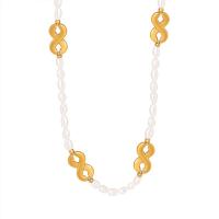 Titanium Steel Necklace, with Freshwater Pearl, with 1.97inch extender chain, fashion jewelry & for woman, golden, Length:Approx 15.75 Inch, Sold By PC