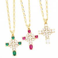 Cubic Zircon Micro Pave Brass Necklace with Plastic Pearl with 5cm extender chain Cross plated fashion jewelry & micro pave cubic zirconia nickel lead & cadmium free Length 45 cm Sold By PC