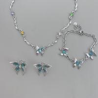 Zinc Alloy Jewelry Sets Butterfly plated & micro pave rhinestone & for woman & enamel silver color Sold By PC