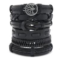 PU Leather Cord Bracelets, with Wax Cord & Tibetan Style, 6 pieces & vintage & adjustable & for man, black, Length:Approx 18-23 cm, Sold By Set