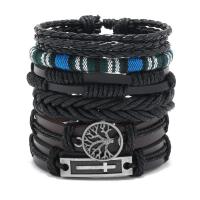 PU Leather Cord Bracelets with Wax Cord & Zinc Alloy Tree handmade 6 pieces & vintage & adjustable & for man black Length Approx 18-23 cm Sold By Set