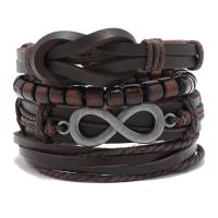 PU Leather Cord Bracelets, with Wax Cord & Wood & Tibetan Style, Infinity, handmade, vintage & 4 pieces & adjustable & for man, brown, Length:Approx 18-23 cm, Sold By Set