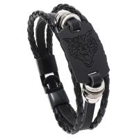 PU Leather Cord Bracelets, with Copper Coated Plastic & Tibetan Style, Wolf, handmade, punk style & for man, black, Length:22 cm, Sold By PC