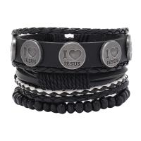 PU Leather Cord Bracelets, with Wax Cord & Tibetan Style, handmade, 4 pieces & Unisex & adjustable, black, Length:Approx 18-23 cm, Sold By Set