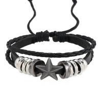PU Leather Cord Bracelets with Wax Cord & Zinc Alloy Star handmade vintage & adjustable & for man black Length Approx 18-23 cm Sold By PC
