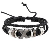 PU Leather Cord Bracelets with Wax Cord & Zinc Alloy Letter X handmade vintage & adjustable & for man black Length Approx 18-23 cm Sold By PC