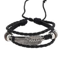PU Leather Cord Bracelets, with Wax Cord & Tibetan Style, Wing Shape, handmade, vintage & adjustable & for man, black, Length:Approx 18-23 cm, Sold By PC