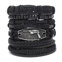 PU Leather Cord Bracelets with Wax Cord & Zinc Alloy Gun handmade 6 pieces & vintage & adjustable & for man black Length Approx 18-23 cm Sold By Set