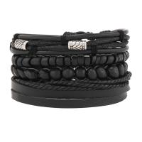 PU Leather Cord Bracelets, with Wax Cord & Wood & Copper Coated Plastic, handmade, vintage & 4 pieces & adjustable & for man, black, Length:Approx 18-23 cm, Sold By Set