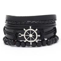 PU Leather Cord Bracelets, with Wax Cord & Tibetan Style, Ship Wheel, handmade, vintage & three pieces & adjustable & for man, black, Length:Approx 18-23 cm, Sold By Set