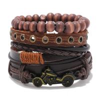 PU Leather Cord Bracelets, with Wax Cord & Wood & Tibetan Style, Motorcycle, handmade, vintage & 4 pieces & adjustable & for man, brown, Length:Approx 18-23 cm, Sold By Set