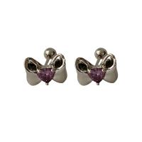 Brass Stud Earring Bowknot platinum color plated for woman & with rhinestone Sold By Pair