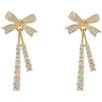 Brass Drop Earring Bowknot plated micro pave cubic zirconia & for woman Sold By Pair