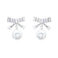 Brass Drop Earring with Plastic Pearl Bowknot plated micro pave cubic zirconia & for woman Sold By Pair