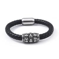 PU Leather Cord Bracelets with 304 Stainless Steel Skull Vacuum Ion Plating vintage & for man 8mm Length 21 cm Sold By PC