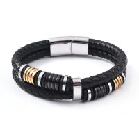 PU Leather Cord Bracelets, with 304 Stainless Steel, Vacuum Ion Plating, vintage & for man, more colors for choice, Length:21 cm, Sold By PC