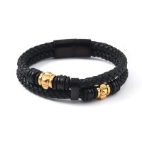 PU Leather Cord Bracelets, with 304 Stainless Steel, Vacuum Ion Plating, vintage & for man, black, Length:21 cm, Sold By PC
