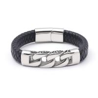 PU Leather Cord Bracelets, with 304 Stainless Steel, polished, punk style & for man, black, Length:21 cm, Sold By PC