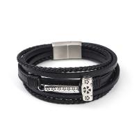 Bracelets cordon PU, cuir PU, avec Acier inoxydable 304, marteau, Vintage & pour homme, noire, Longueur:21 cm, Vendu par PC