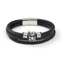 Bracelets cordon PU, cuir PU, avec Acier inoxydable 304, éléphant, Vintage & pour homme, noire, Longueur:21 cm, Vendu par PC