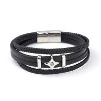 PU Leather Cord Bracelets with 304 Stainless Steel Cross vintage & for man & with rhinestone black Length 21 cm Sold By PC