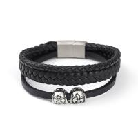 Bracelets cordon PU, cuir PU, avec Acier inoxydable 304, bouddha, Vintage & pour homme, noire, Longueur:21 cm, Vendu par PC