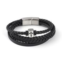 PU Leather Cord Bracelets, with 304 Stainless Steel, Cross, vintage & for man, black, Length:21 cm, Sold By PC