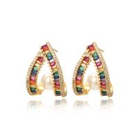 Cubic Zirconia Micro Pave Brass Earring with Plastic Pearl 18K gold plated fashion jewelry & micro pave cubic zirconia & for woman multi-colored nickel lead & cadmium free Sold By Pair