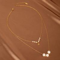Mode-Multi-Layer-Halskette, Titanstahl, mit Kunststoff Perlen, mit Verlängerungskettchen von 5cm, Doppelschicht & Modeschmuck & für Frau, weiß, frei von Nickel, Blei & Kadmium, Länge:ca. 45 cm, verkauft von PC