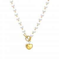 Titanstahl Halskette, mit Kunststoff Perlen, Herz, Modeschmuck & für Frau, weiß, frei von Nickel, Blei & Kadmium, 13x12mm,18mm, Länge:ca. 38.5 cm, verkauft von PC