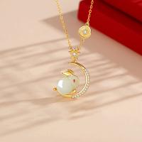 Cubic Zircon Micro Pave 925 Sterling Silver Necklace with Hetian Jade with 1.97inch extender chain Rabbit fashion jewelry & micro pave cubic zirconia & for woman nickel lead & cadmium free Length Approx 15.74 Inch Sold By PC
