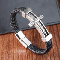 PU Leather Cord Bracelets with 304 Stainless Steel Cross polished vintage & for man black Length 21 cm Sold By PC