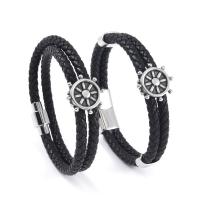 PU Leather Cord Bracelets, with 304 Stainless Steel, Ship Wheel, polished, vintage & different length for choice & for man, more colors for choice, Sold By PC