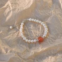 Freshwater Cultured Pearl Bracelet, Freshwater Pearl, with Yunnan Red Agate & Brass, with 3cm extender chain, fashion jewelry & for woman, white, 5-5.5mm,9mm, Length:Approx 15.5 cm, Sold By PC