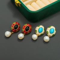 Boucles d'oreilles pendantes en laiton, avec perle & résine, Placage de couleur d'or, Vintage & bijoux de mode & pour femme & émail, plus de couleurs à choisir, protéger l'environnement, sans nickel, plomb et cadmium, 20x35mm, Vendu par paire